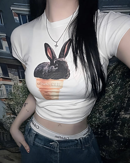 [REコンテナ]Camiseta coreana de moda Y2k Crop Top con lindos estampados de gatos, camiseta Kawaii de manga corta para mujer, camisetas ajustadas