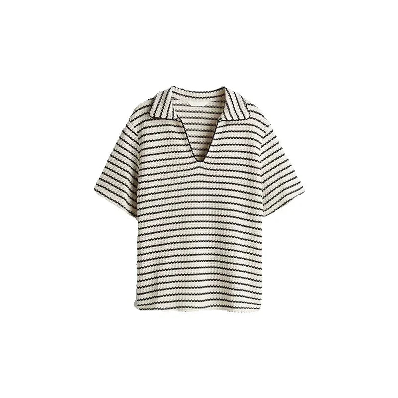 Conjunto de dos piezas elegante de punto a rayas para mujer, top y pantalón, informal, manga corta, cuello V, jersey con cordón ajustable, pantalón largo de pierna ancha, traje de moda 2025