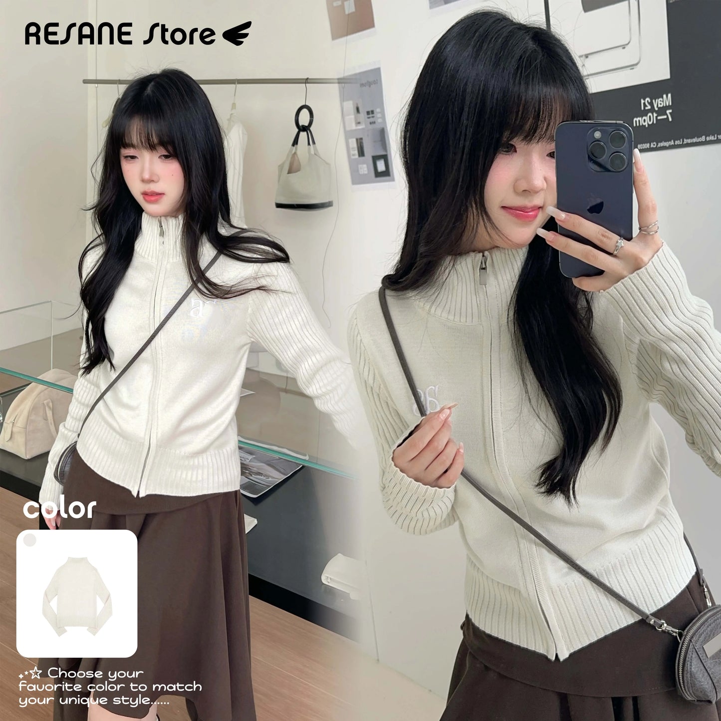 Letter embroidery Print Solid Stand-up collar Zip-up knit jacket