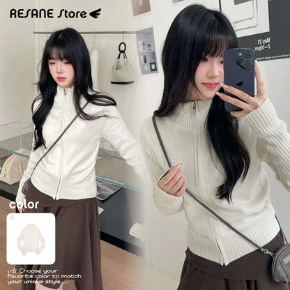 Letter embroidery Print Solid Stand-up collar Zip-up knit jacket