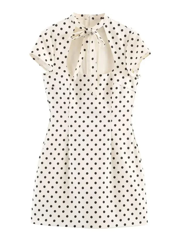 Elegante Minivestido de Lunares con Cordones Vestido Chic de Manga Corta para Dama con Fruncido en la Cintura Vestidos A-line Delgados 2026 Vestidos de Noche para Fiesta de Mujer