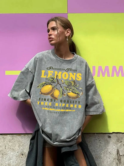 Camisetas lavadas de talla grande con estampado de limones frescos de primera calidad para mujer, camiseta holgada de manga corta cómoda Y2K de algodón que combina con todo