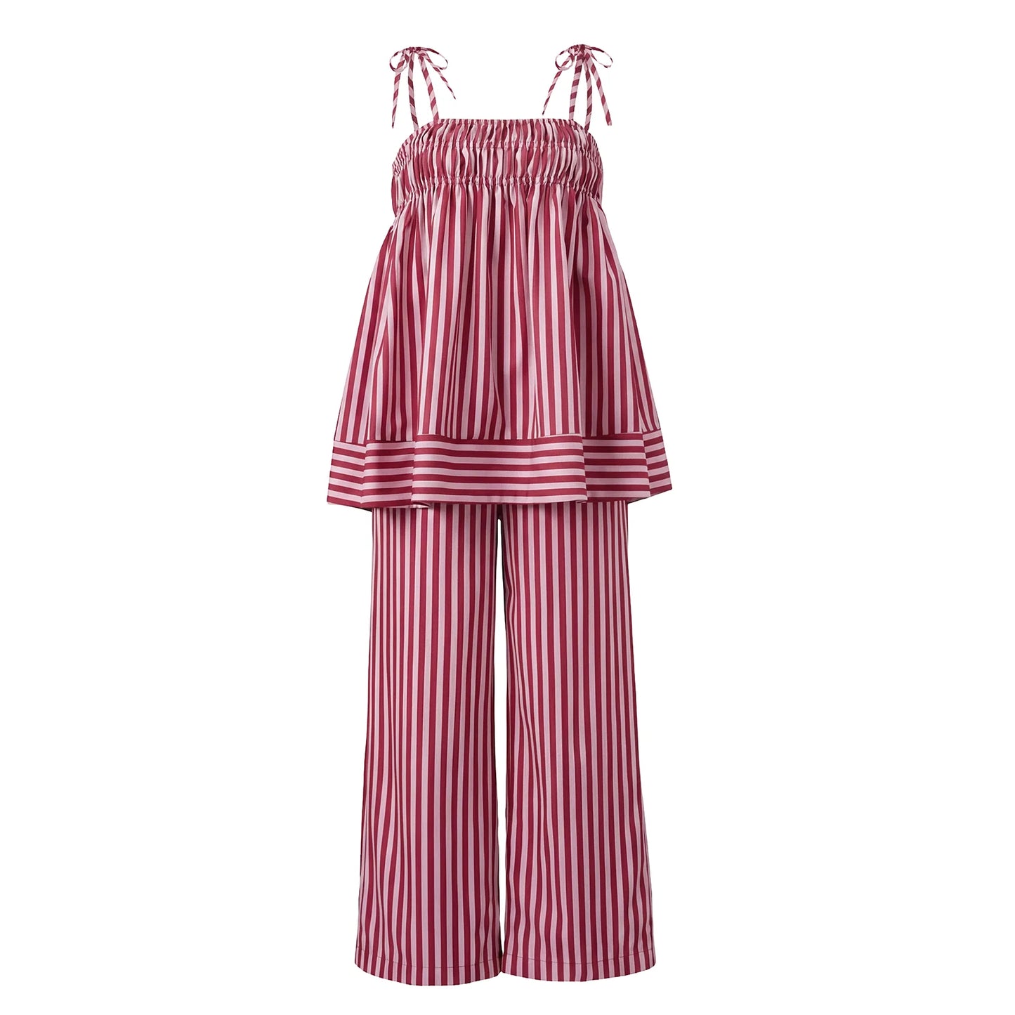 Conjunto de top de tirantes con volantes y rayas y pantalón recto