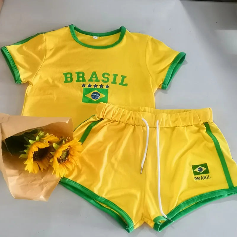 Short Sleeve T-Shirt + Drawstring Shorts Brazil Letter Print Set