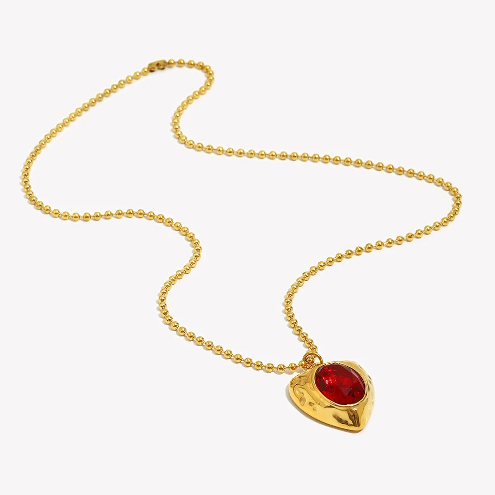 E.B.belle PVD Plated Beaded Chain Heart Shape Red Gemstone Pendant Necklace