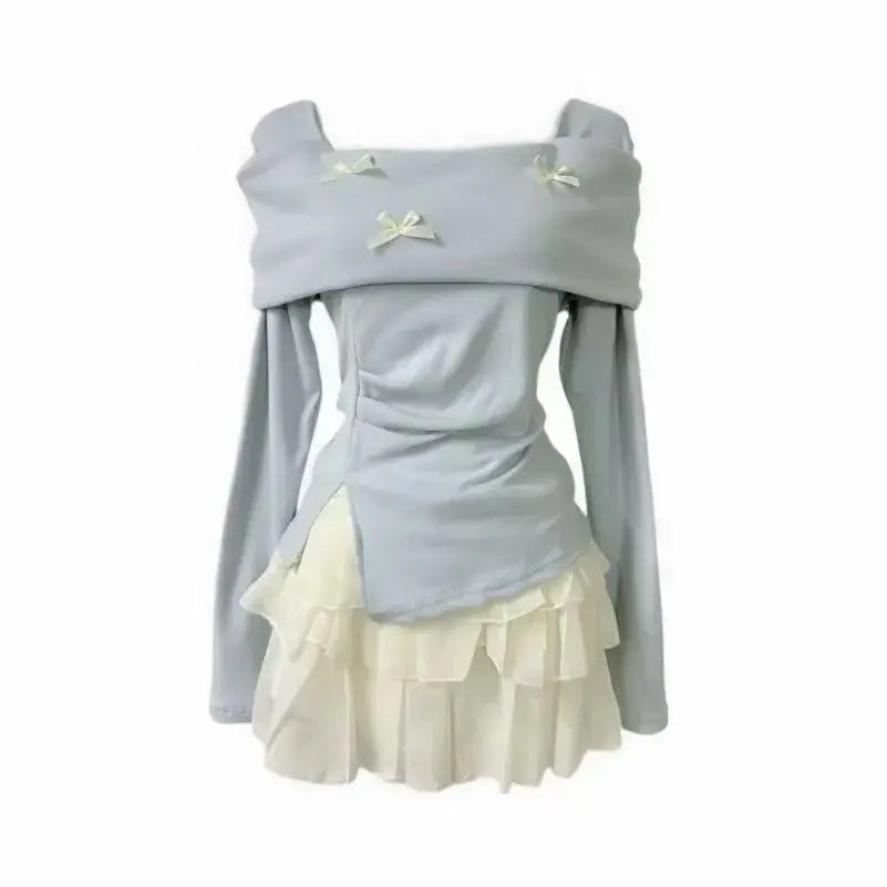 Conjunto de top de manga larga con lazo y falda de talle alto con vuelo