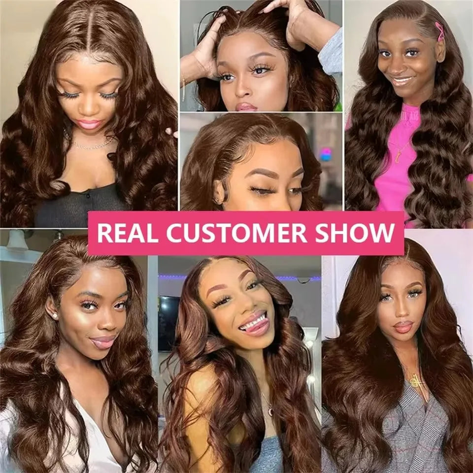 Peluca frontal de encaje ondulada con cuerpo, de cabello brasileño, chocolate.
