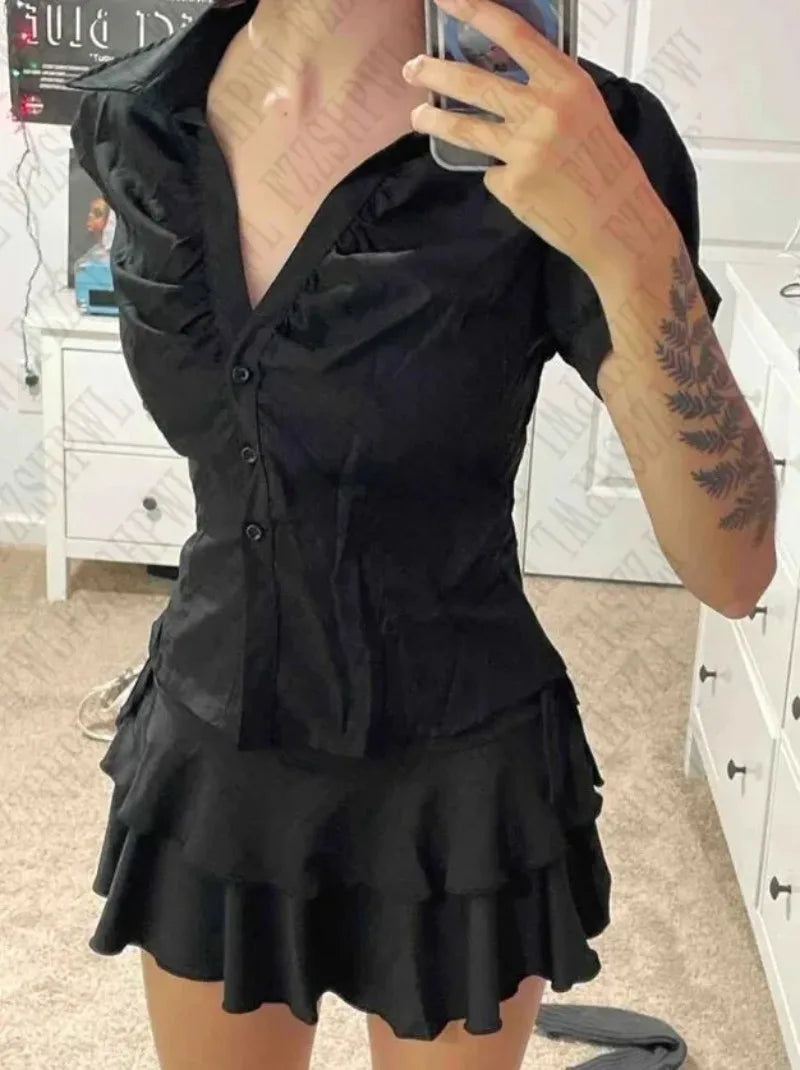 Short Sleeve Slim Fit Button Up Blouse