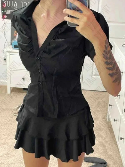 Short Sleeve Slim Fit Button Up Blouse