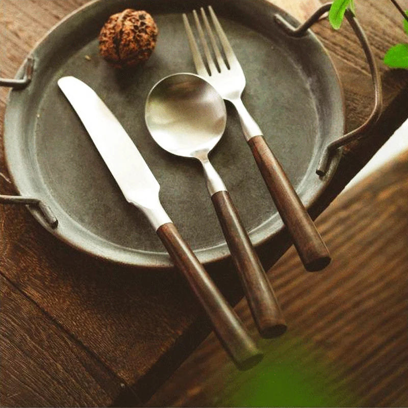 Retro Wooden Handle Dinner Knife Fork and Spoon Set