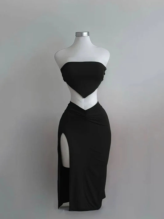Conjunto de Falda Larga y Top Corto sin Tirantes y sin Espalda