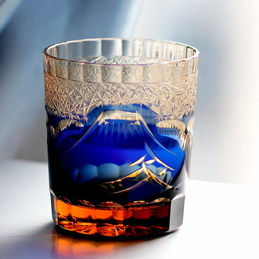 Japanese Edo Kiriko Fuji Mountain Hand Cut To Clear  Whiskey Glass