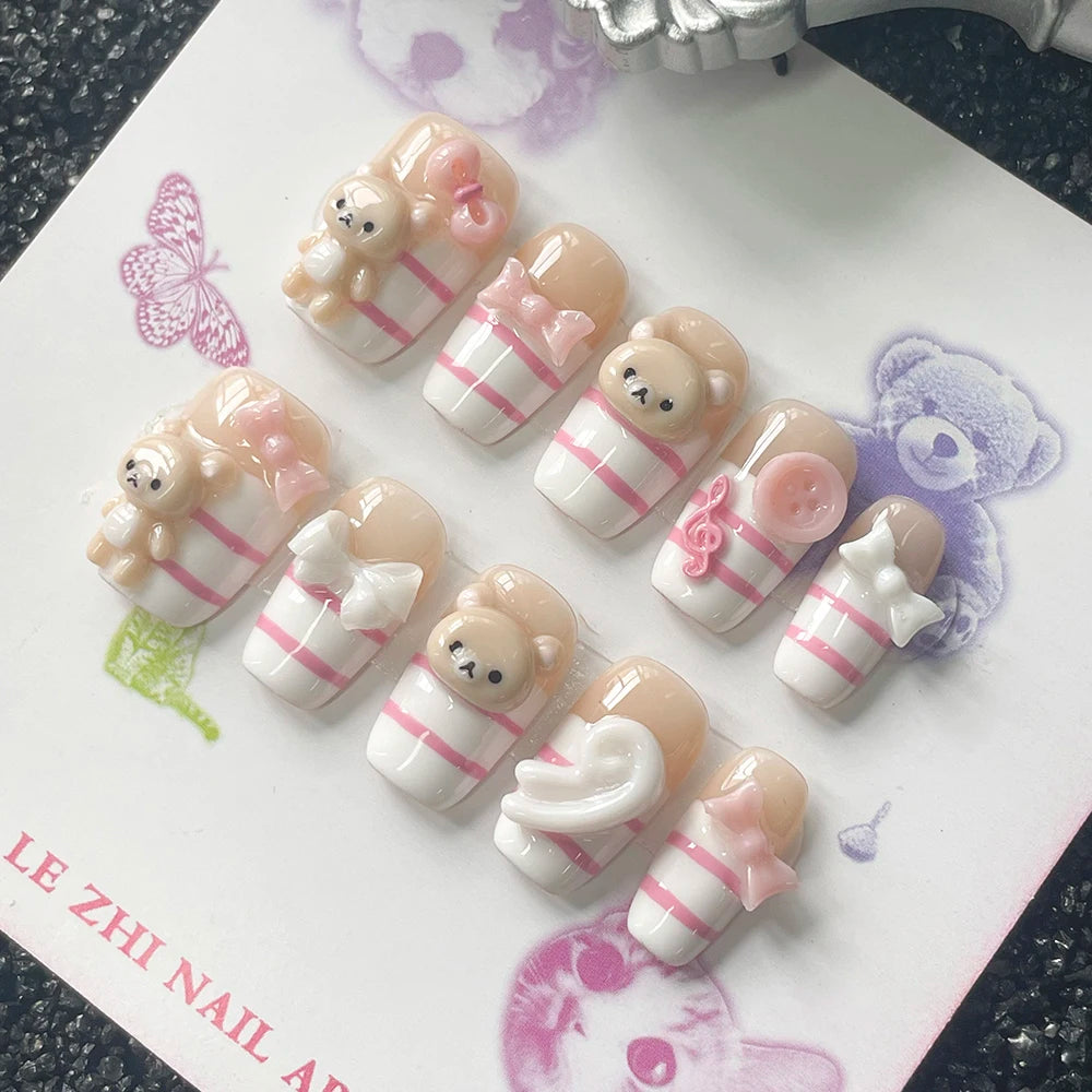 Uñas Postizas Kawaii con Diseño 3D de Oso Cuadradas Cortas
