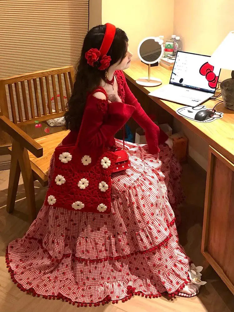 Strawberry Ruffles Plaid Long Skirt