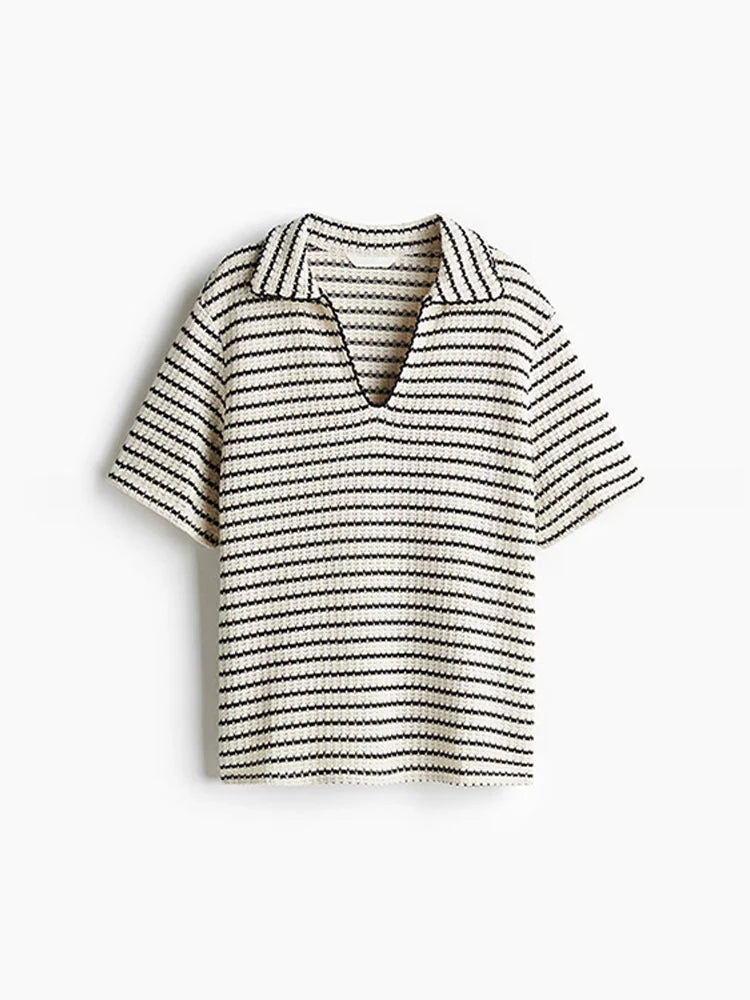 Conjunto de dos piezas elegante de punto a rayas para mujer, top y pantalón, informal, manga corta, cuello V, jersey con cordón ajustable, pantalón largo de pierna ancha, traje de moda 2025