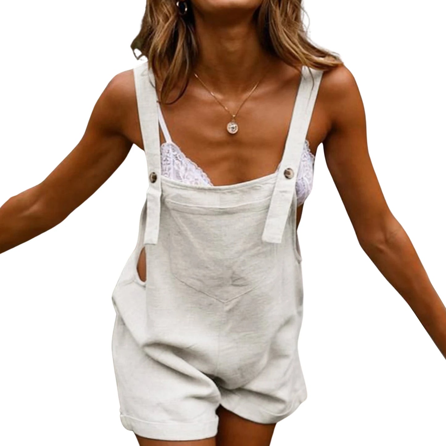 Sleeveless Square Collar Button Suspender Shorts