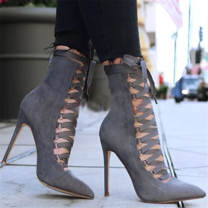 Flock Lace Up Thin High Heels