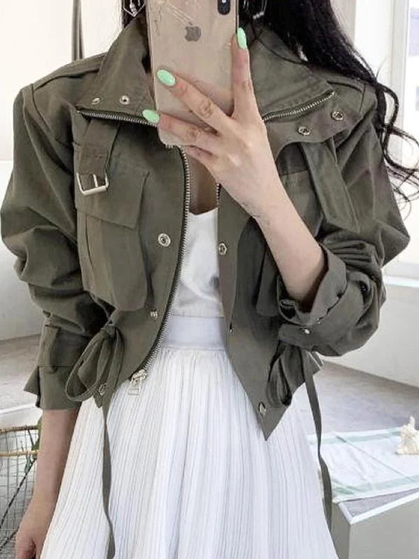 Zipper Drawstring Collar Short Loose Fit Double Jacket