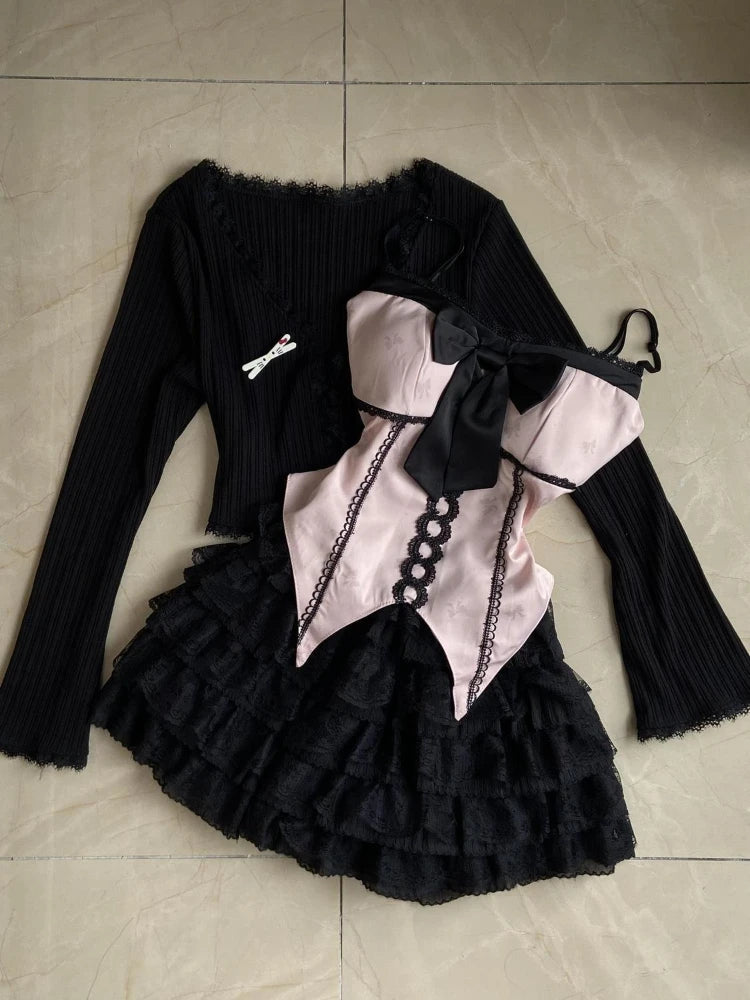 Abrigo con diseño de lazo de encaje + Conjunto de falda chic de tiro alto