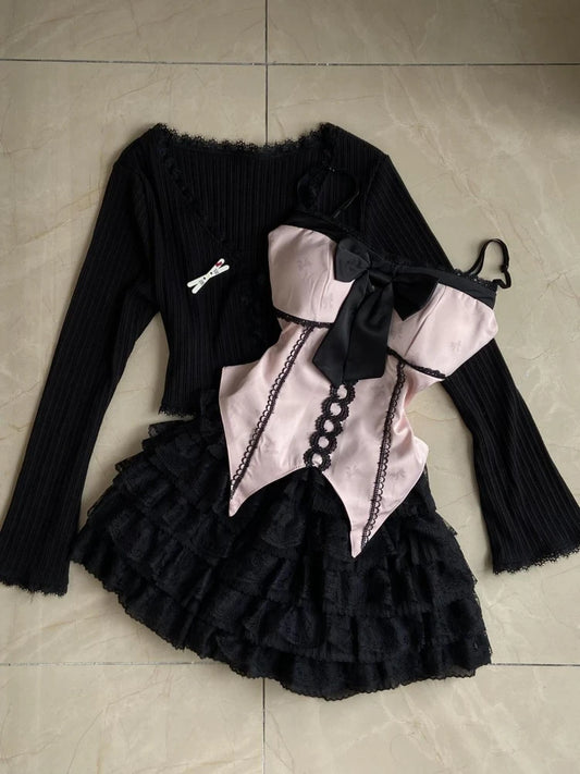 Abrigo con diseño de lazo de encaje + Conjunto de falda chic de tiro alto