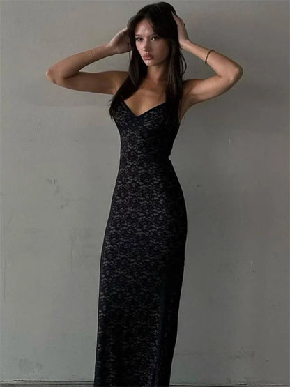 Lace Hollow Out Backless Maxi Dress