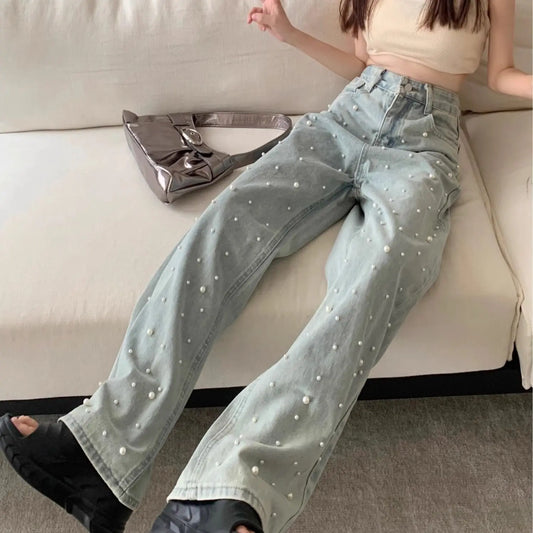 Jeans de mujer de cintura alta rectos azules con perlas bordadas, pantalones vaqueros de primavera otoño, diseño chic de ropa urbana, jeans holgados para mujer, ropa de mujer