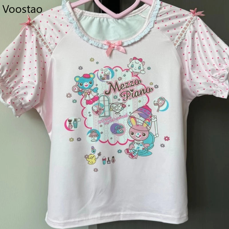 Cartoon Bunny Print Wave Point Short Sleeve Crop Top
