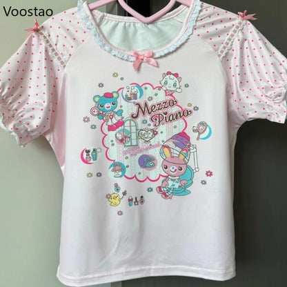 Cartoon Bunny Print Wave Point Short Sleeve Crop Top