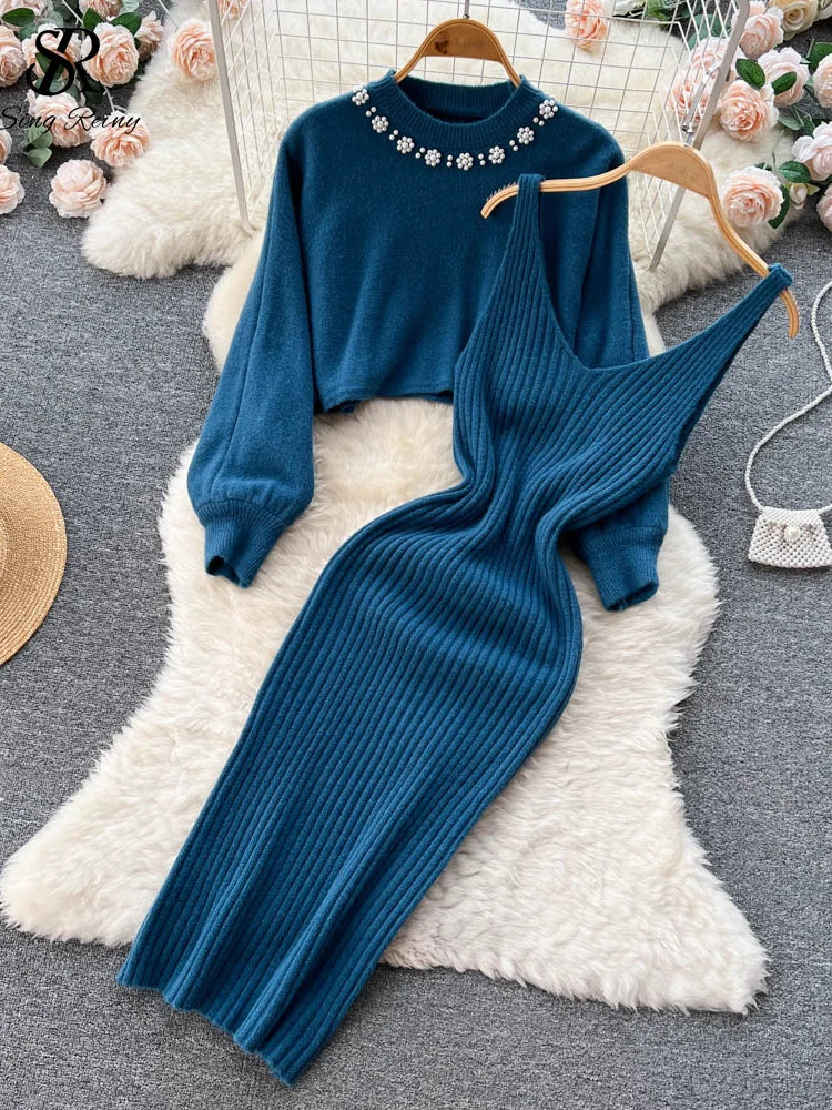 Jersey de Perlas de Manga Larga + Conjunto de Vestido Camisero de Punto