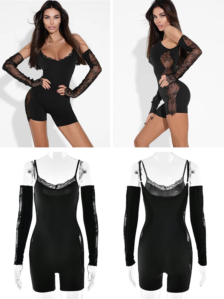 Long Sleeve Lace Patchwork Square Collar Bodycon Jumpsuit