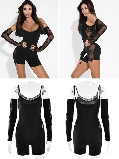 Long Sleeve Lace Patchwork Square Collar Bodycon Jumpsuit