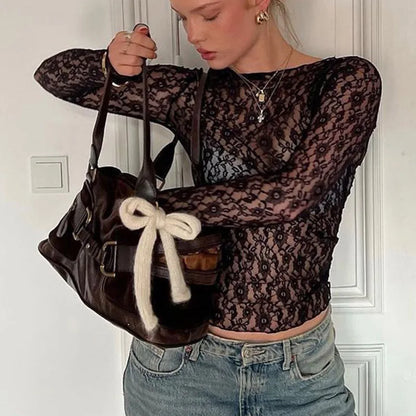 Long Sleeve See through Lace Crop Top