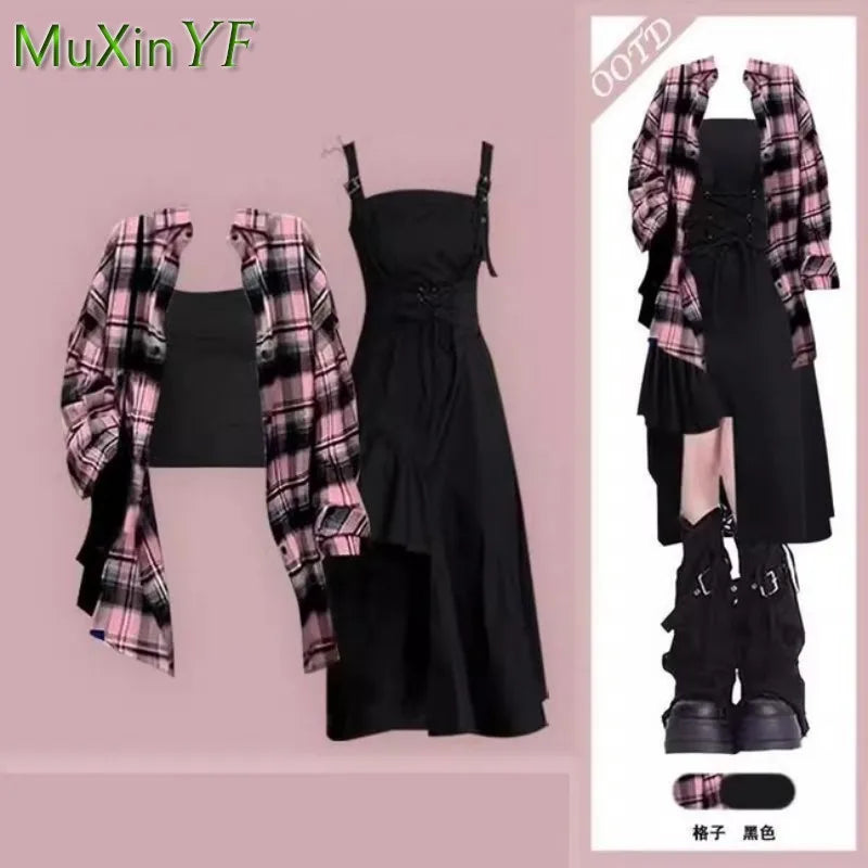 Plaid Shirt + Irregular Dress Set