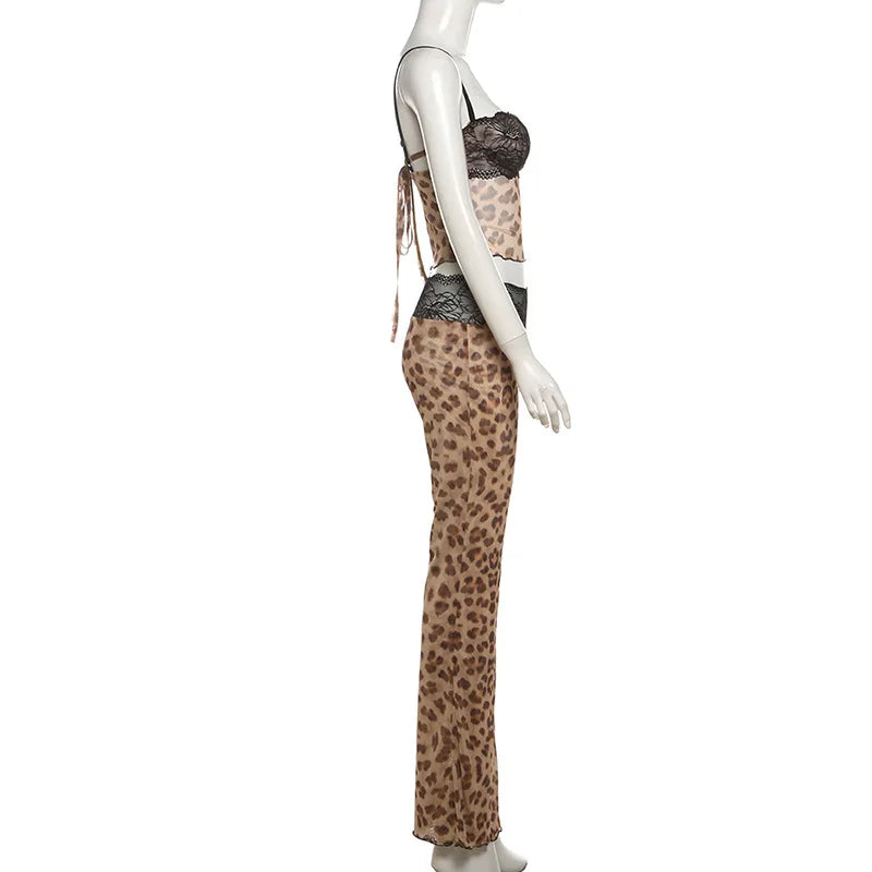 Conjunto de 2 piezas de malla transparente con estampado de leopardo y encaje.