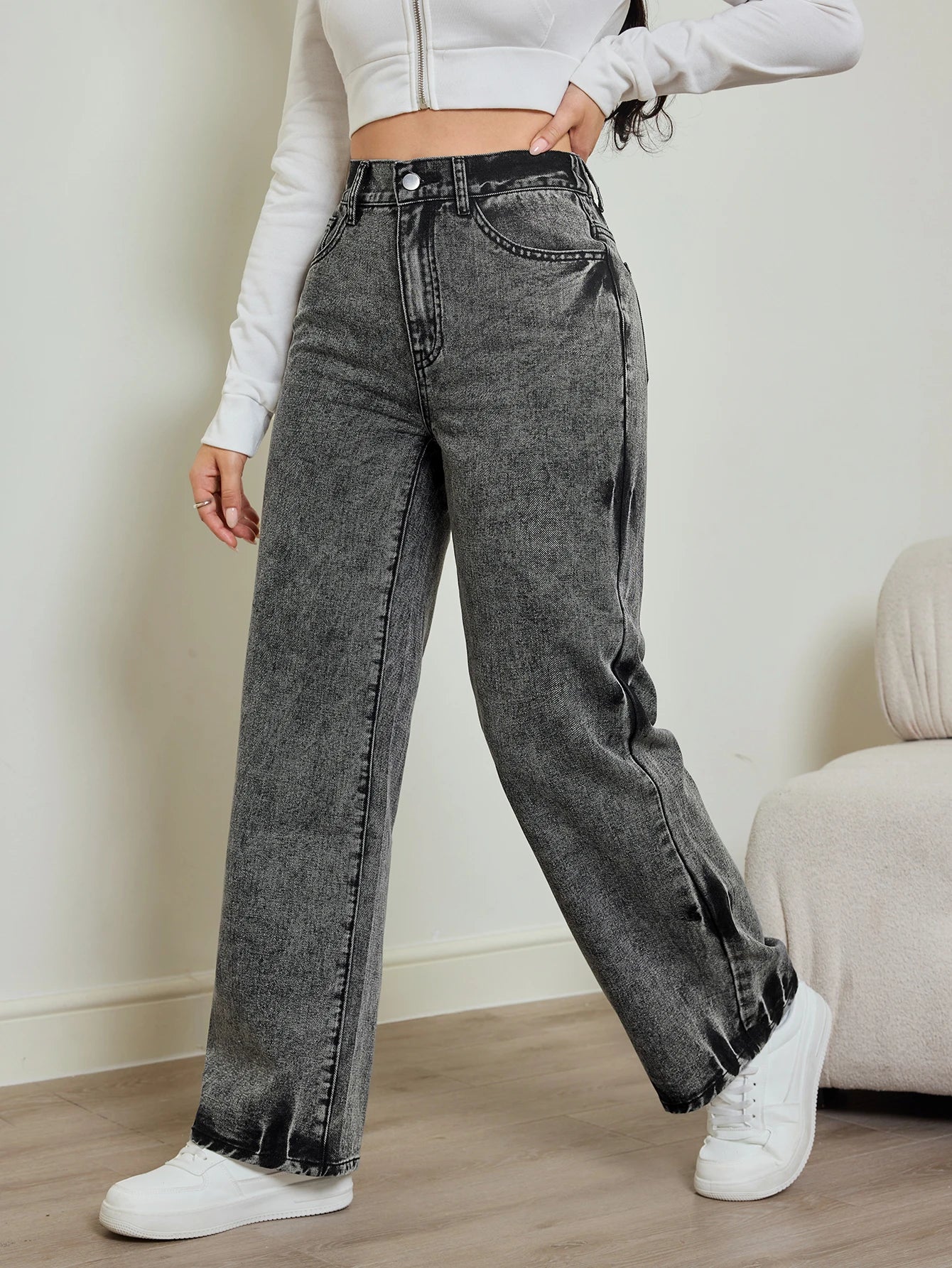 Contrast High Waist Straight Jeans