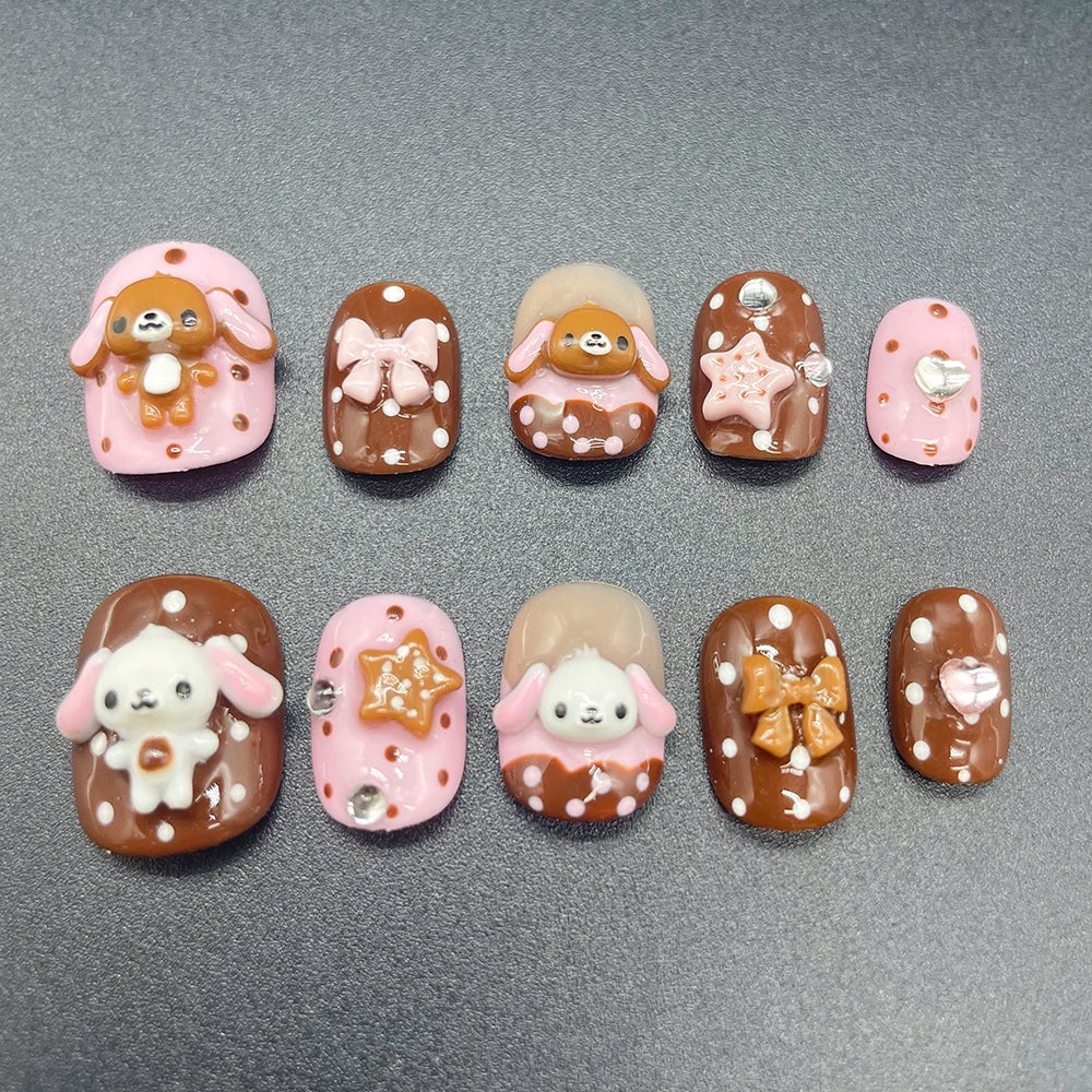 Uñas Postizas Color Chocolate Rosa Conejo