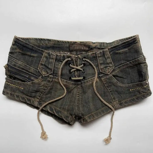 Minishorts vaqueros estilo retro Y2K para mujer, lavados, amarillos y azules, desgastados, Harajuku, punk, con cordón, góticos, sexis, de tiro bajo