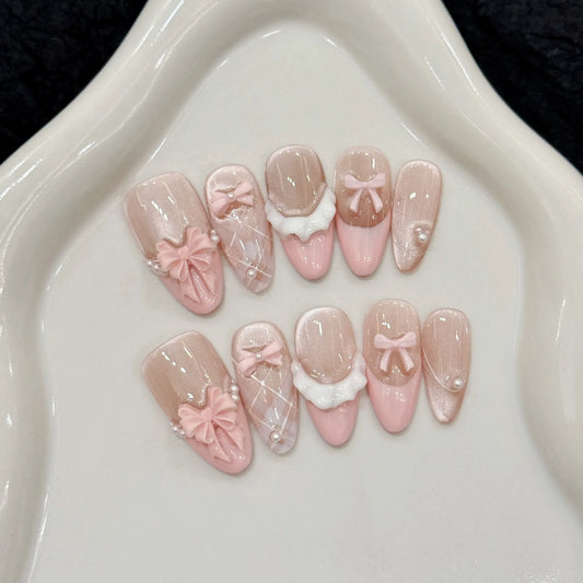 10 uñas postizas hechas a mano con ojo de gato francés, lazo rosa