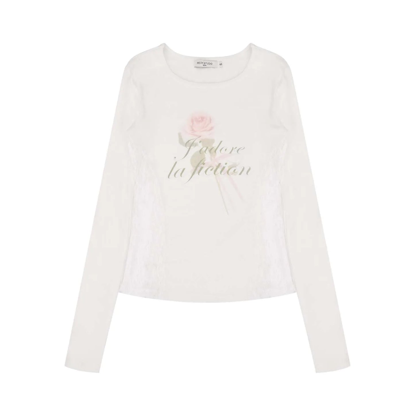 Rose Print Lace-paneled Long Sleeve O-neck T-Shirt