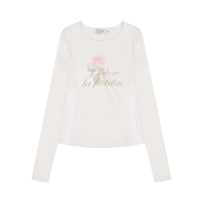 Rose Print Lace-paneled Long Sleeve O-neck T-Shirt