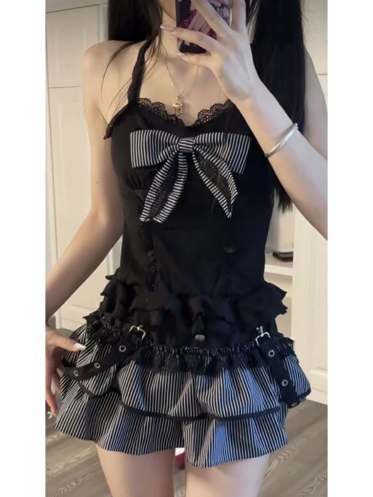 Conjunto de 3 Piezas de Cárdigan de Manga Larga con Lazo + Falda Corta con Volantes y Cintura Elástica