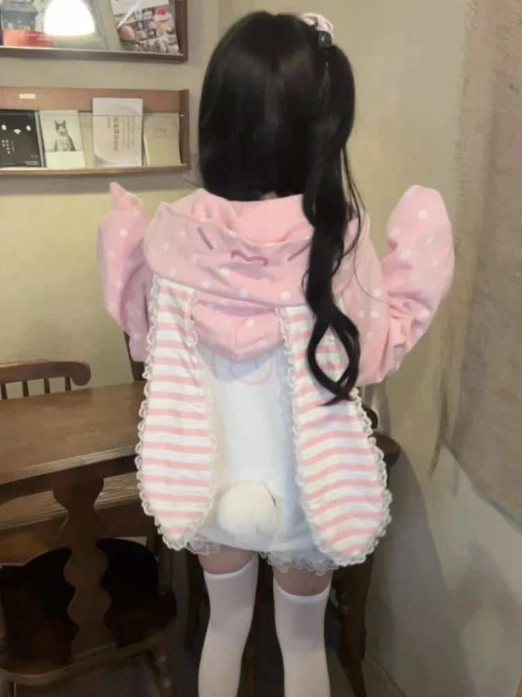 Abrigo japonés kawaii con orejas de conejo, para mujer, dulce, rosa, a rayas, con cremallera y capucha, estilo grunge, Y2k, Harajuku, sudadera con fresas