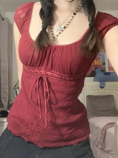 Lace Trim Cap Sleeve Low Cut Shirt
