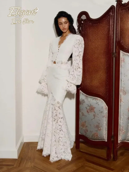 Lace Patchwork Long Skirt Set