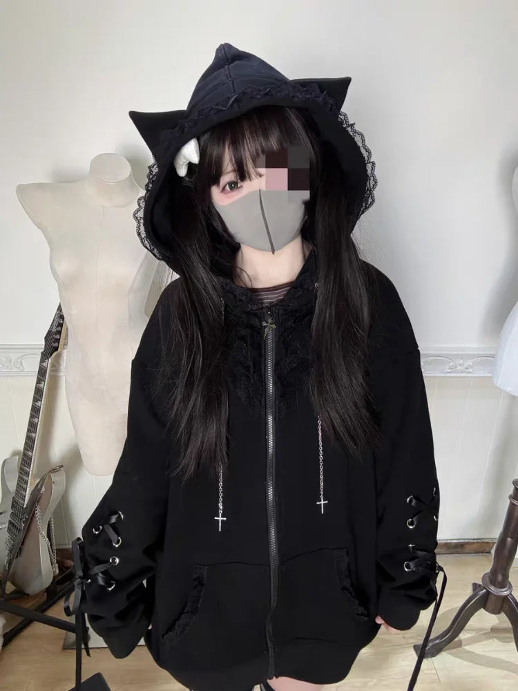 Sudadera con capucha japonesa Y2K Harajuku estilo "spicy girls" estilo oscuro para mujer con cordones en otoño y tops estilo emo