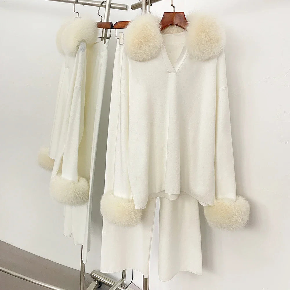 Chaqueta de piel Reality Jersey, cuello de piel de zorro real, otoño invierno, traje de jersey para mujer, jerséis de piel de mapache, conjunto de pantalones para mujer