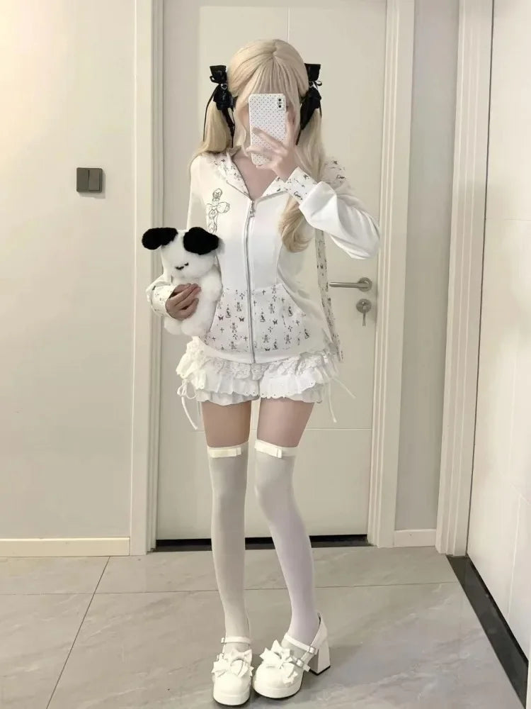 Sudadera de manga larga con capucha de orejas de conejo y encaje + Falda de pastel de cintura alta