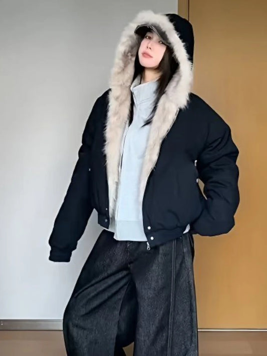 Abrigo Otoño Nuevo Elegante Forro de Piel Holgado Mujer Y2k Cuello de Piel con Capucha Parkas Gruesas de Moda Abrigo Casual Chaquetas Acolchadas de Algodón