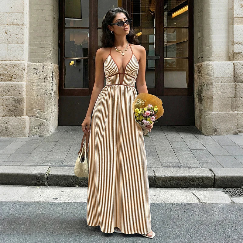 Deep V-neck Striped Beach Dress