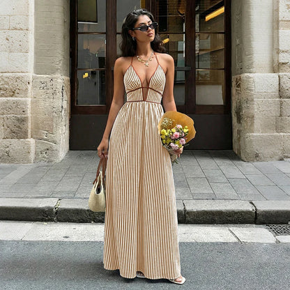 Deep V-neck Striped Beach Dress